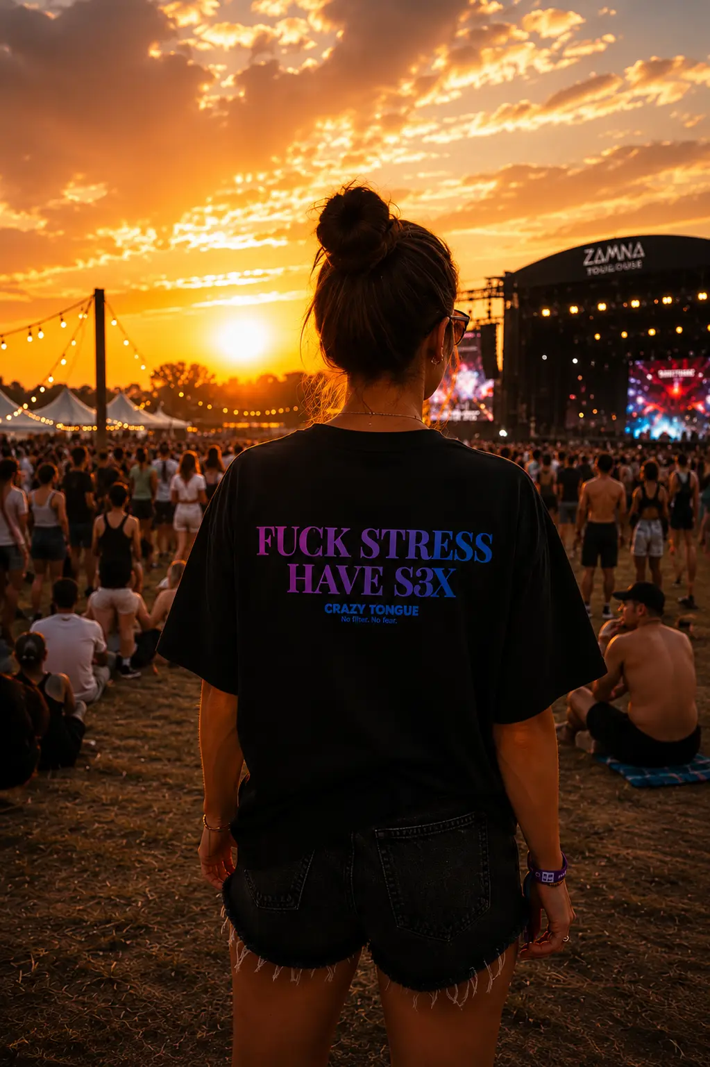 Femme portant le t-shirt noir Crazy Tongue FUCK STRESS de dos lors d'un festival au coucher du soleil.