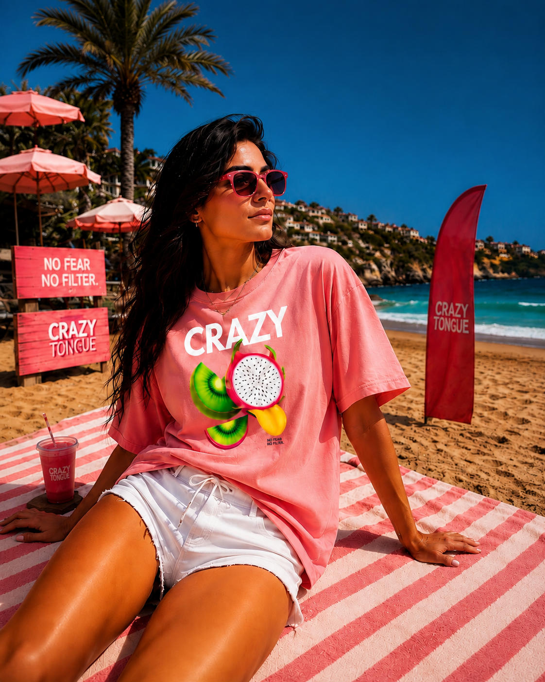 Femme portant de face le t-shirt rose Crazy Tongue KIWI sur la plage.